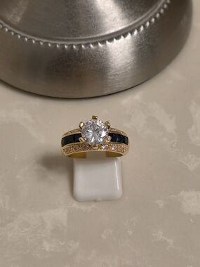 Gold CZ and Sapphire Solitaire Ring Size 6